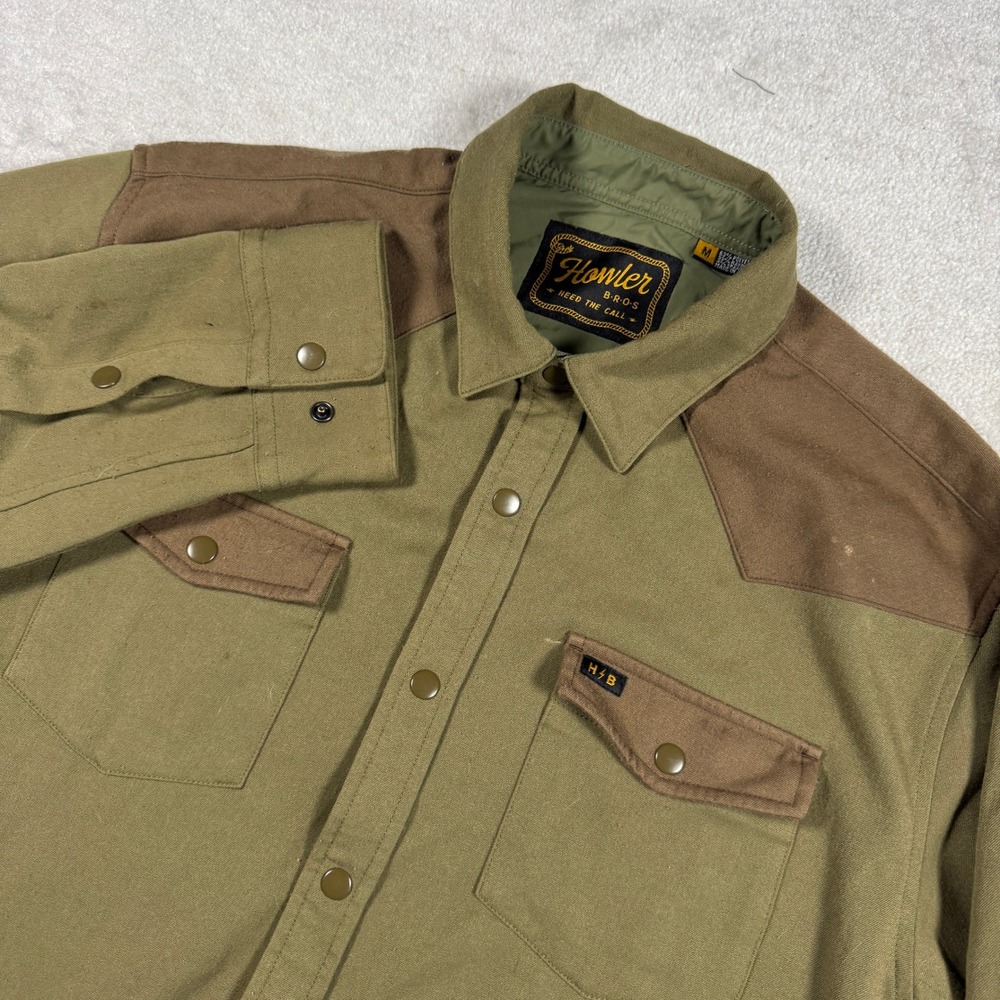 Howler Brothers Western Shirt Mens Medium Olive Brown Snap Front Gaucho Yoke